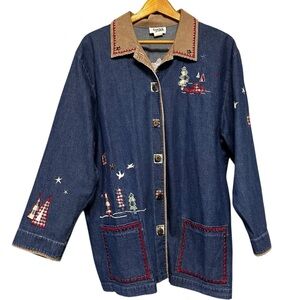 VTG Denim Embroidered Jacket Shirt Christmas Holiday Tree Cabin Theme Western 1X